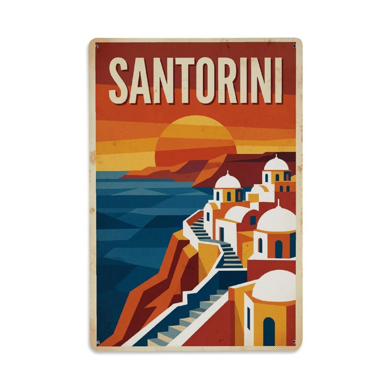 Fyrn Style Metal Tin Sign Vintage Travel Santorini Greece Sunset