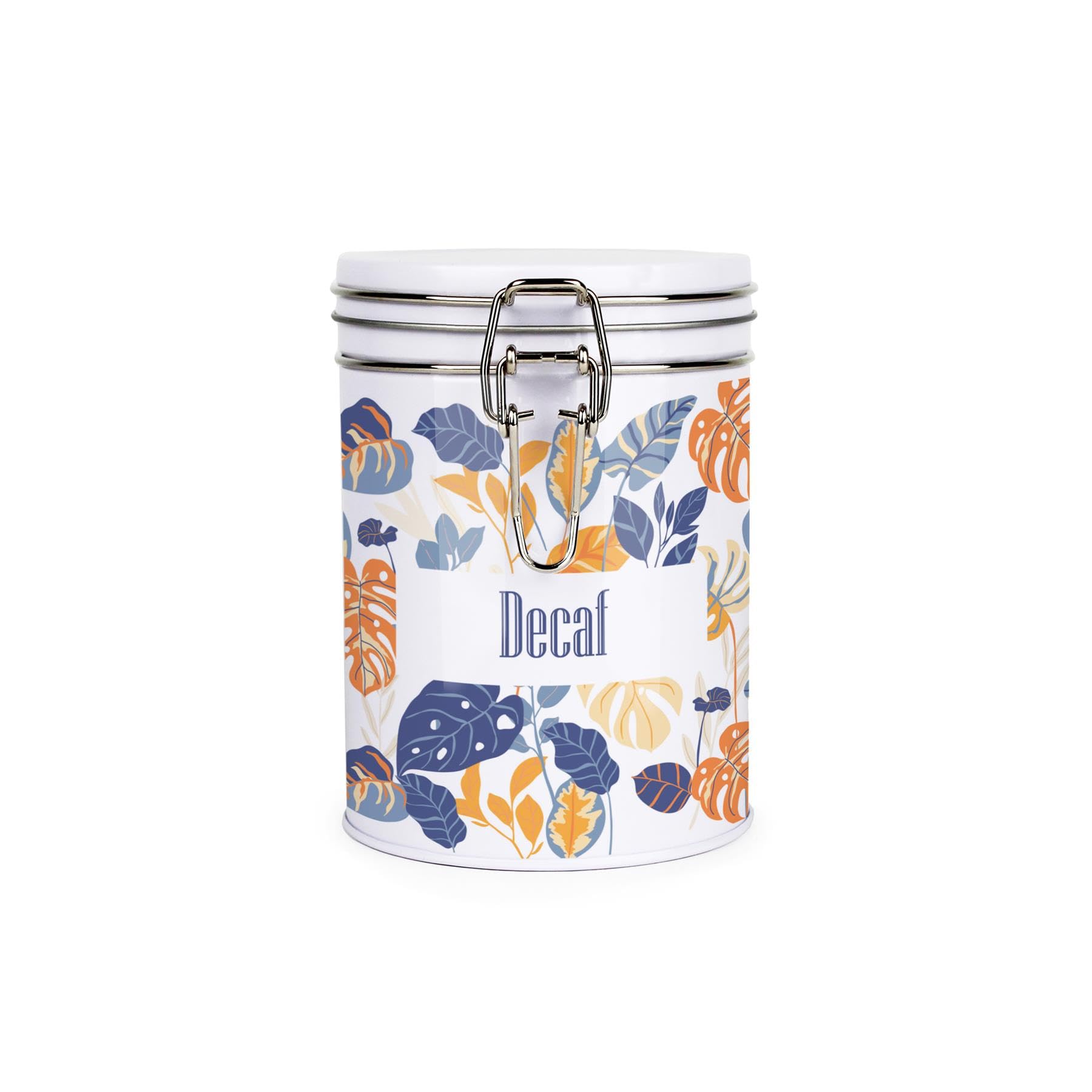 Purely Home Tropical Orange Leaves Decaf Canister - White Metal Clip Lid Kitchen Food Storage Jar/Container 700ml (13cm x 9.5cm)