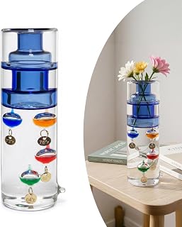 Lily's Home Galileo Glass Thermometer with Mini Vase - Indoor Room Temperature Display 64ºF-76ºF - 4 Floating Spheres - Decorative Flower Holder - Home & Office Tabletop Accent - 1.9x1.9x5.9 Inches