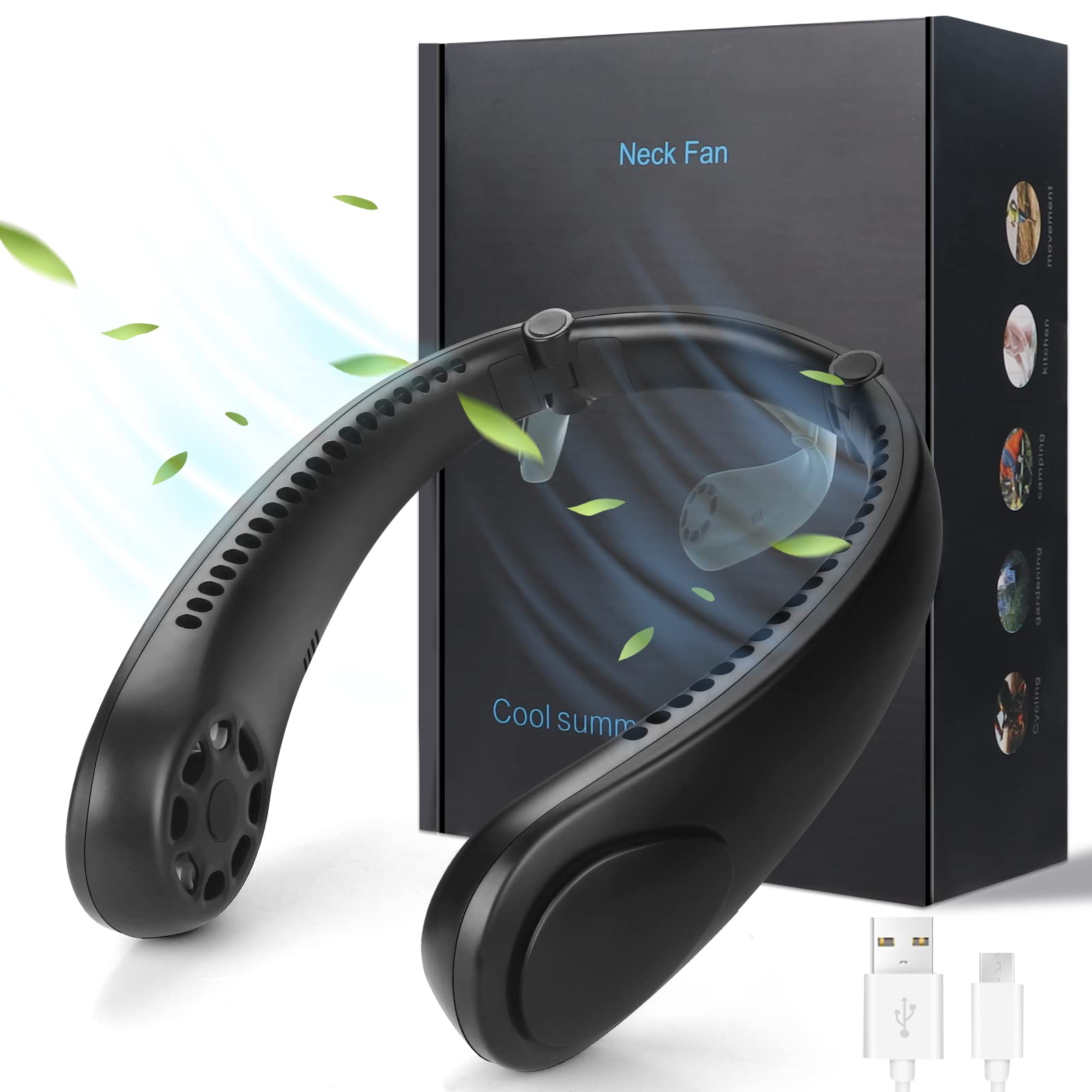 Neck Fan Bladeless Portable Hanging Neck Fan with 3 Speeds, Neck Fans for Women Rechargeable USB, Personal Fans Round Neck Wearable Fan Face Fan for Hot Flashes Cooking Office Outdoor, Black