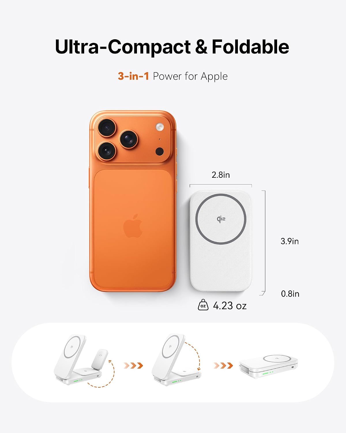 INIU Foldable Magnetic Wireless Charger, Qi2 Certified 3-in-1 Travel Charging Station with 15W Fast Charge for iPhone, Apple Watch and AirPods