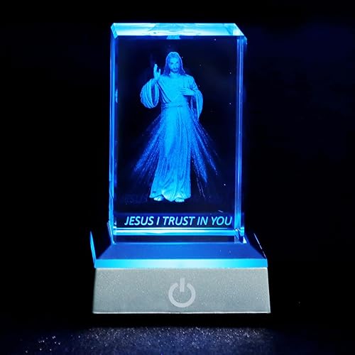 KOMI Estatua de Jesús de cristal 3D con base de luz LED, grabada con láser, estatuas religiosas de Jesús I Trust in You, regalos religiosos para