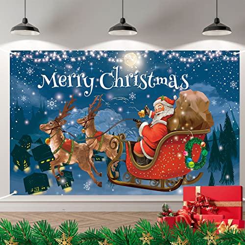 Vintage Style Merry Christmas Banner, Large Santa Sleigh Deer Photo Booth Sign Wall Background Hanging Banner for Indoor Outdoor Party Decoration