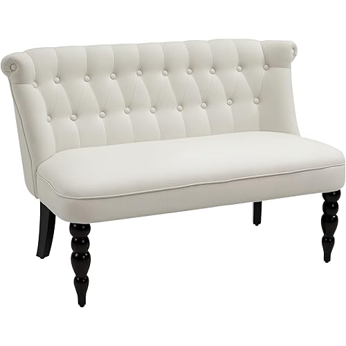 HOMCOM Upholstered Armless Fabric Loveseat with Button Tufted Design for Living Room with Wood Legs, Cream White