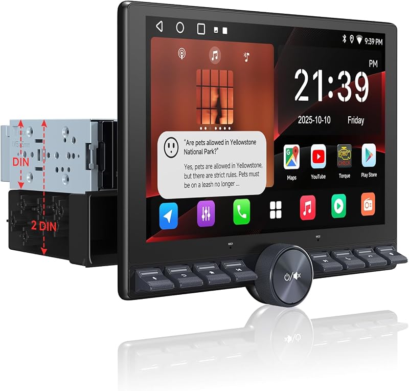 Single/Double Din Car Stereo - 10.1" QLED Floating Touchscreen w/Button, Wireless CarPlay/Android Auto, Wi-Fi/BT/USB Tethering, AI/DSP/RCA/GPS/Dual-HDMI, Spilt-Screen/MirrorLink,2GB+32GB