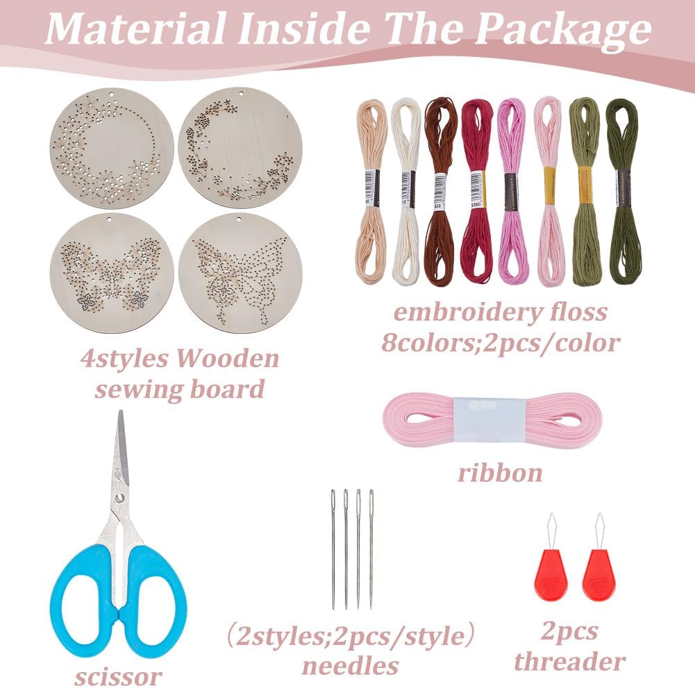 WEBEEDY 4 Sets Wood Stitched String Art Kit with Floral Butterfly Pattern for Beginners, DIY Wooden Cross Stitch Ornament Kits Needlepoint Embroidery Set Home Hanging Decor Gift