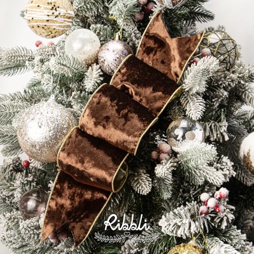 Image of Ribbli Brown Velvet Wired Ribbon 4 Inch Metallic Brown Gold Crushed Velvet Christmas Ribbon for Gift Wrapping Christmas Tree Decoration Crafts Wreaths Supplies-Continuous 10 Yards