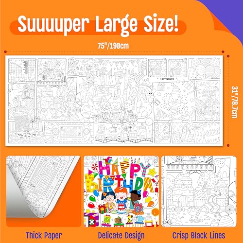 Image of Birthday Coloring Poster, Large Coloring Activity Paper 75 inch x 31 inch Jumbo Size Paper DIY Painting Drawing Banner /Tablecloth for School, Birthday Parties, Versatile Wall Decor