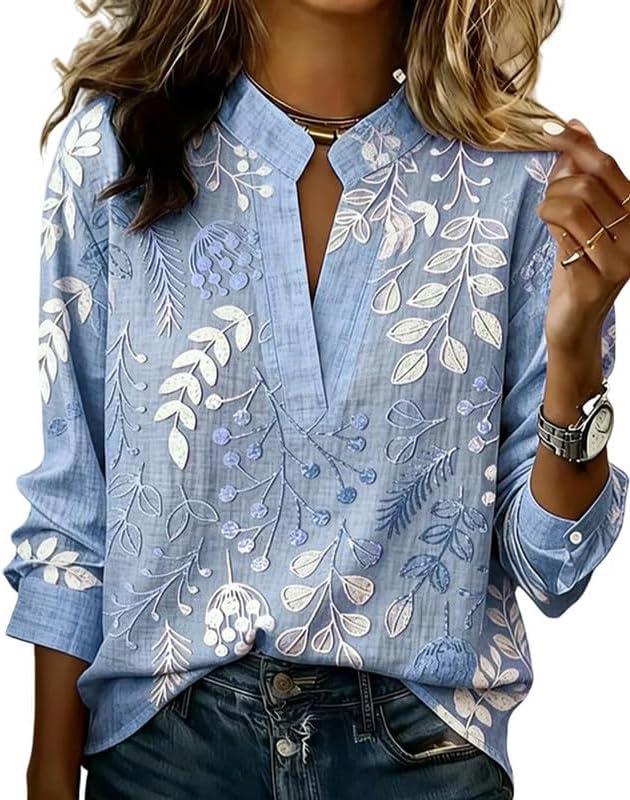 Women's Heavy Industry Stand Collar V-Neck Floral Embroidered Long Sleeve Blouse Elegant Spring Summer Top