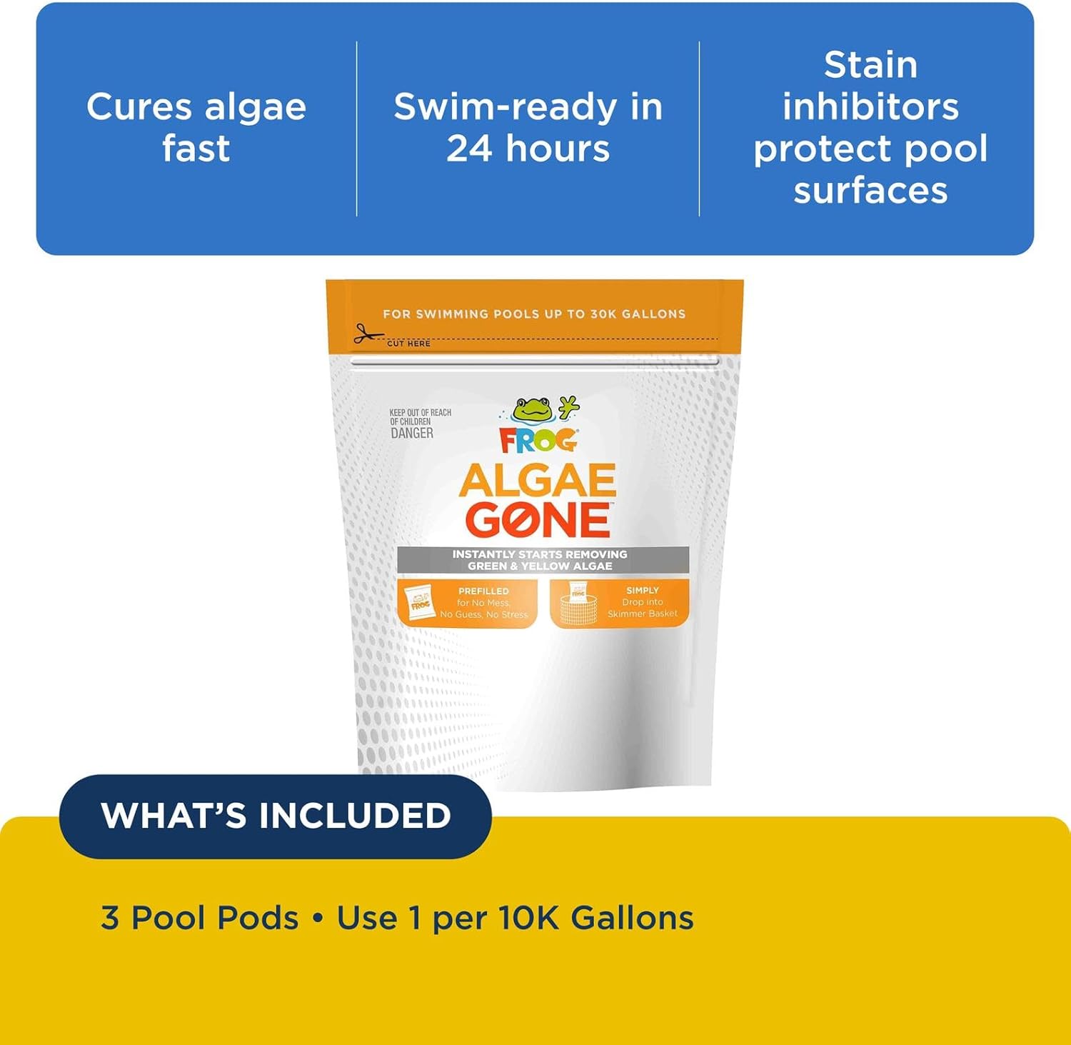 FROG Algae Gone - Dry Formula Algaecide Removes Green and Yellow Algae for In-Ground & Above-Ground Pools up to 30,000 Gallons - Chemical Pool Maintenance & Treatment - 3 Pods