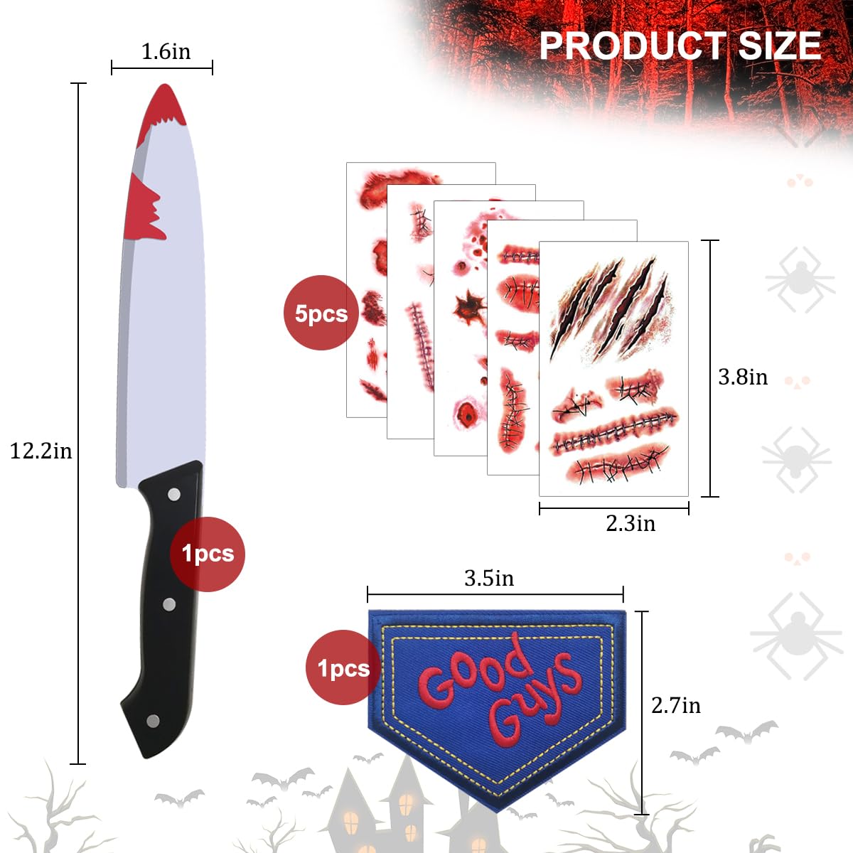 7Pcs Halloween Costume Props,Bloody Fake Knife Prop,DIY Halloween Embroidery Patch,Face Scar Temporary Tattoos Stickers