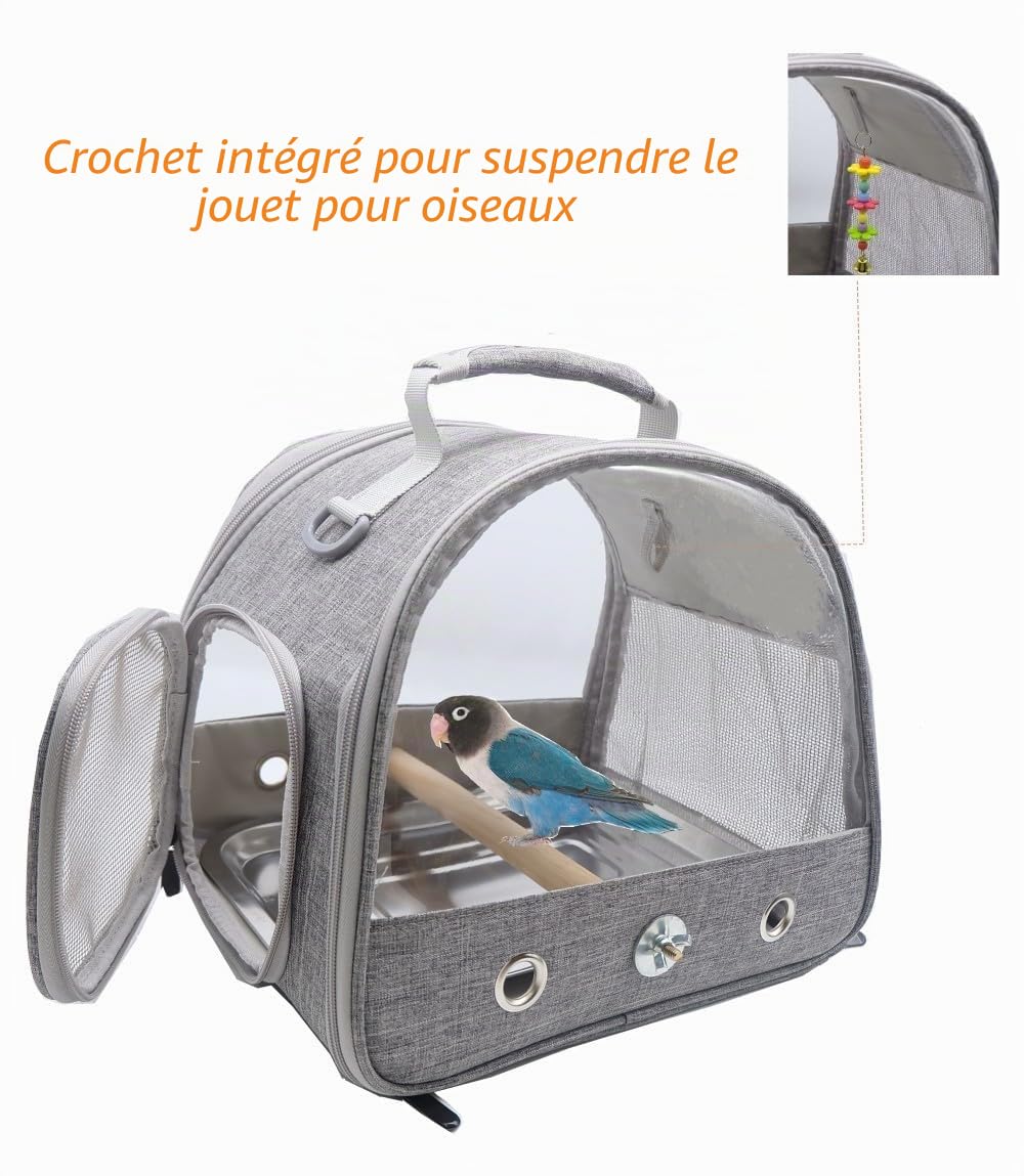 Cage de transport pour oiseaux avec perchoir debout et plateau en acier inoxydable, sac de transport pliable respirant pour petits oiseaux pour perroquets, perruches, petits animaux pour voyage