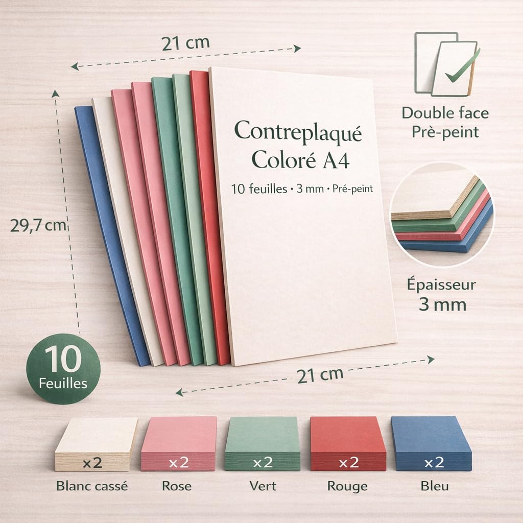 Contre plaqué A4 3mm Pré-Peint & Coloré – 10 Feuilles Double Face – Bois Compatible Découpe Laser & CNC – Panneaux DIY pour Makers & Loisirs Créatifs