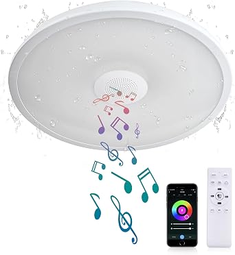 Smart Waterproof LED Flush Mount Ceiling Light Fixture,11 inch 18W,with Bluetooth Speaker,RGB Color Changing Function- Dimmable Lamp,Tuya Application Control-Compatible with Alexa Google Home [Energy Class E]