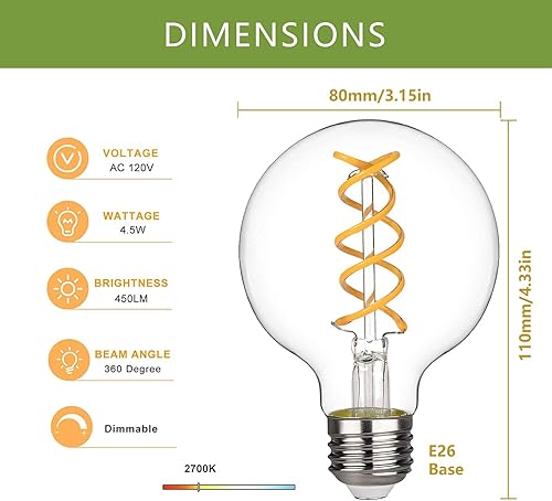 Miniatura 2 de Bombilla LED G25 Edison, bombilla de filamento LED regulable vintage E26, 6 W equivalente a 60 W, blanco neutro 4000 K, estilo Edison de vidrio G25