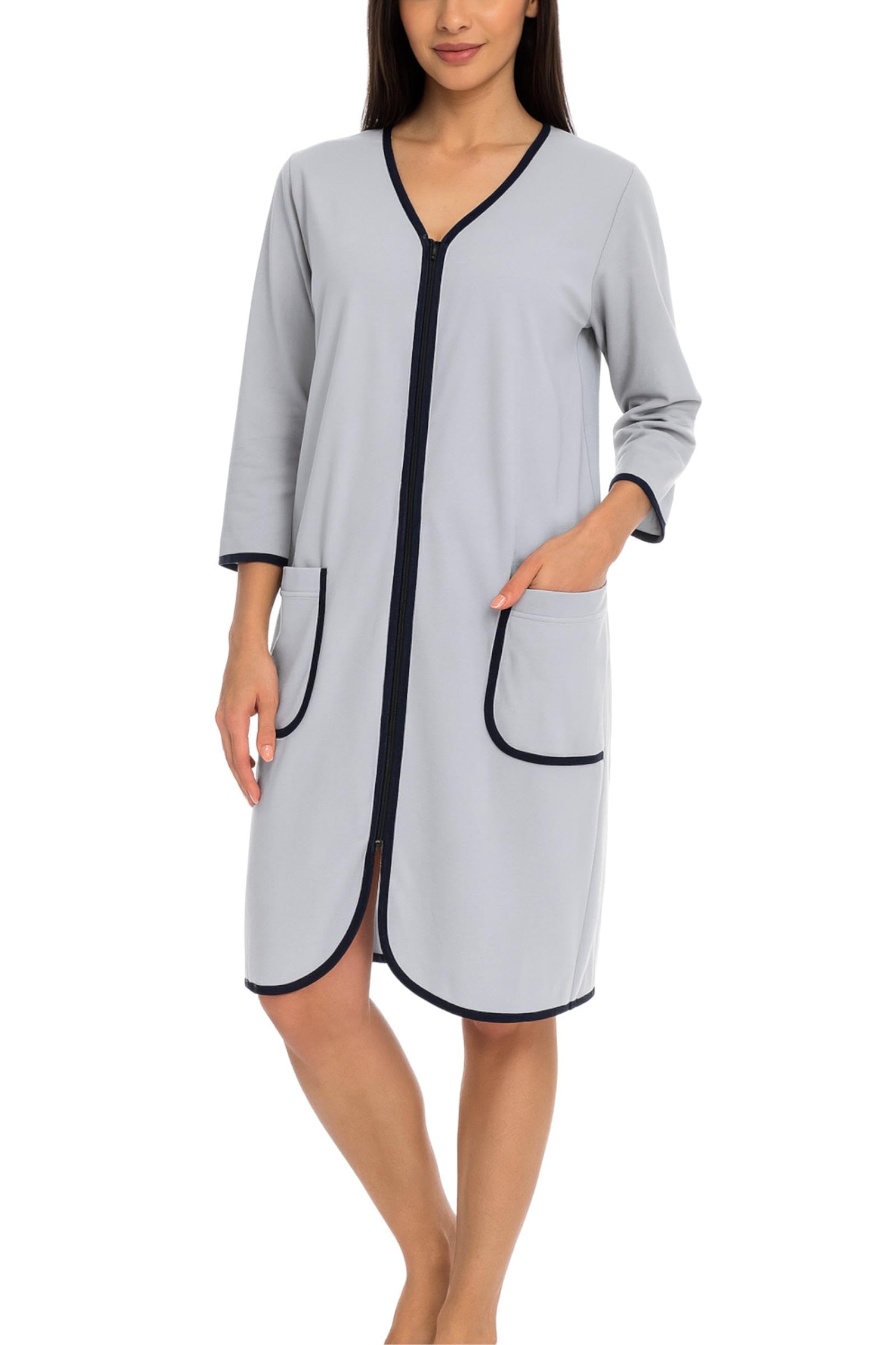 Aquarti Women's Gray Mottled Bathrobe Dressing Gown With Zipper Housecoat Light 3/4 Sleeves, 3XL