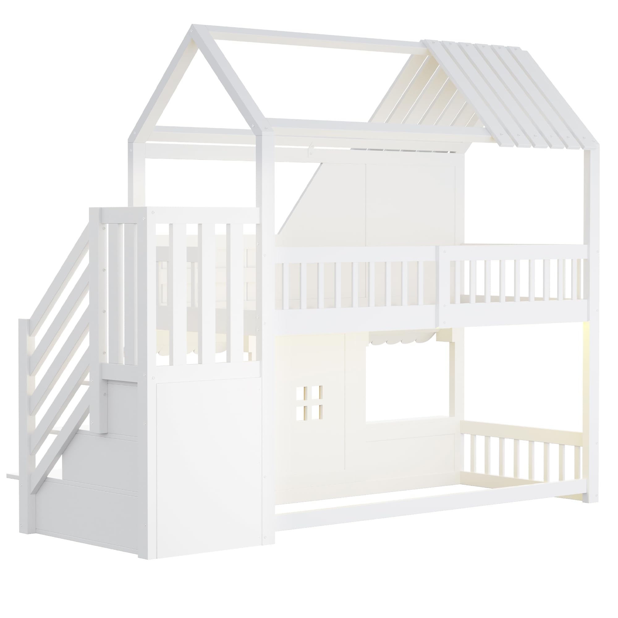 Litera infantil de 90 x 200 cm, color blanco, diseño en forma de casa con ventanas, techo, barandilla y puerta, escalera de almacenamiento y estantes, sin colchón