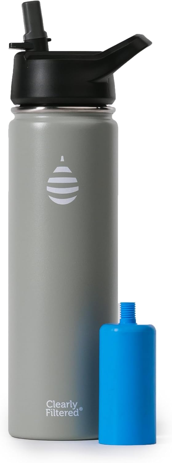 Clearly Filtered Water Bottle | Targets/Removes 220+ Contaminants, Double-Wall Insulated Stainless Steel, BPA/BPS Free, Phthalate Free, Filters Flouride Leads Chlorine (20oz, Sage Gray)