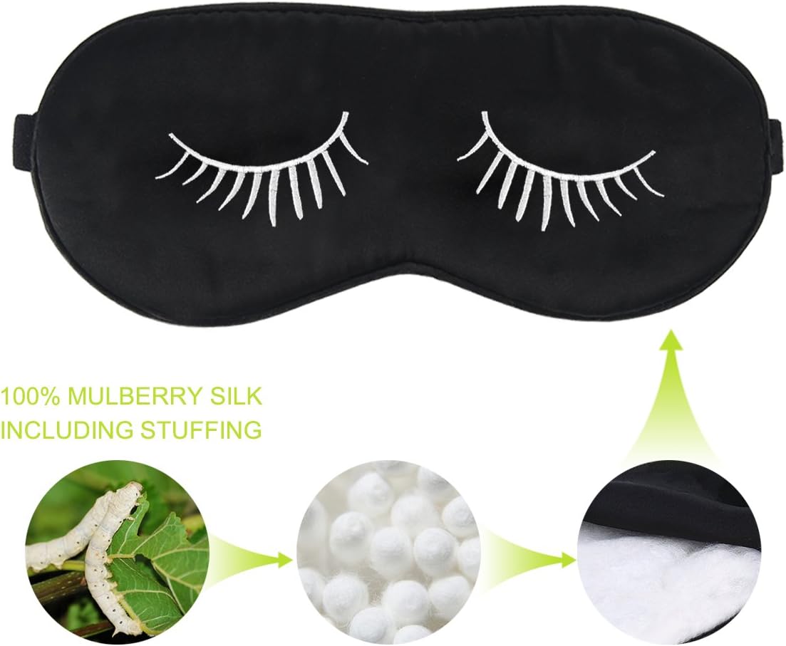 Fitglam Natural Silk Sleep Mask / Eye Mask with Eyelashes Patterns & Free Ear Plugs, Black With White Eyelashes