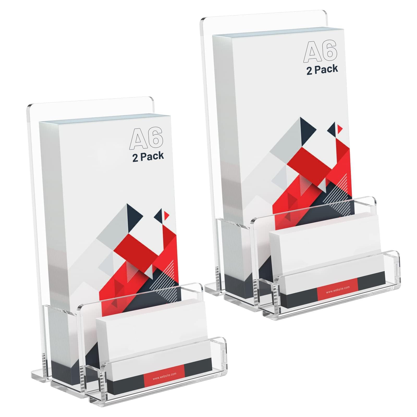 TOWEBOORY A6 Acrylic Leaflet Holder with Business Card Holder, 2 Pack Clear Freestanding Brochure Display Stand Booklet Flyer Stand for Menu, Magazine, Pamphlet, Booklets, Journals, Business Card