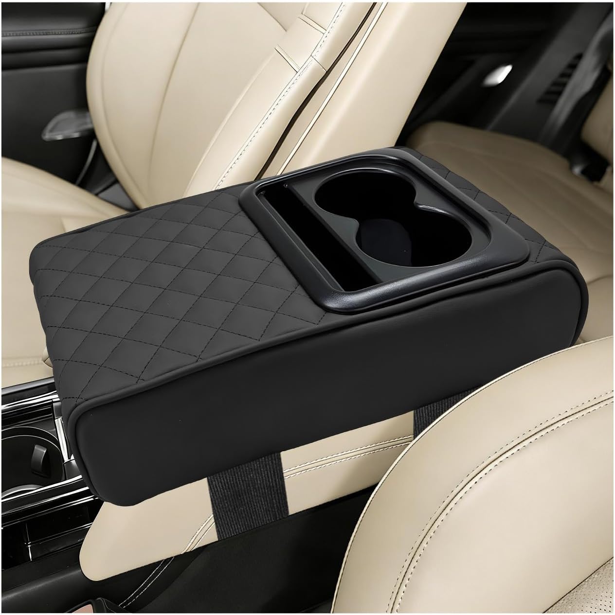 Car Center Console Armrest Pillow, Waterproof Auto Armrest Cushion with Cup & Phone Holder, Comfortable Memory Foam Arm Rest Box Cover for Most Vehicles, Car Accessories (Glossy)