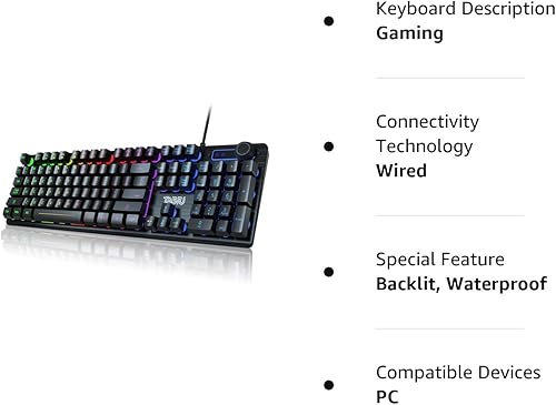 Miniatura 10 de Teclado para juegos, teclado de membrana con cable de 105 teclas, teclado retroiluminado LED arcoíris, diseño de tecla flotante, panel de aleación