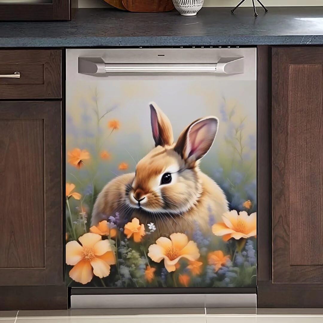 Easter Bunny Magnet Dishwasher Door Decor Cover, Spring Flowers Magnetic Refrigerator Cover Appliances Sticker, Animal Rabbit Magnetic Dishwasher Panel Decal, 23 x 26 inches (Magnetic)