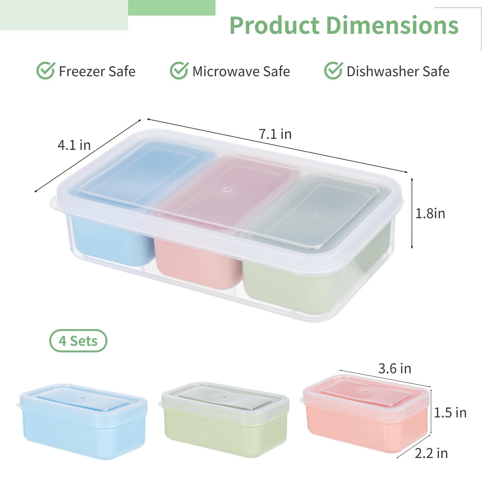 Lot de 4 boîtes à goûter réutilisables avec 3 compartiments, empilables, passent au micro-ondes, au congélateur et au lave-vaisselle