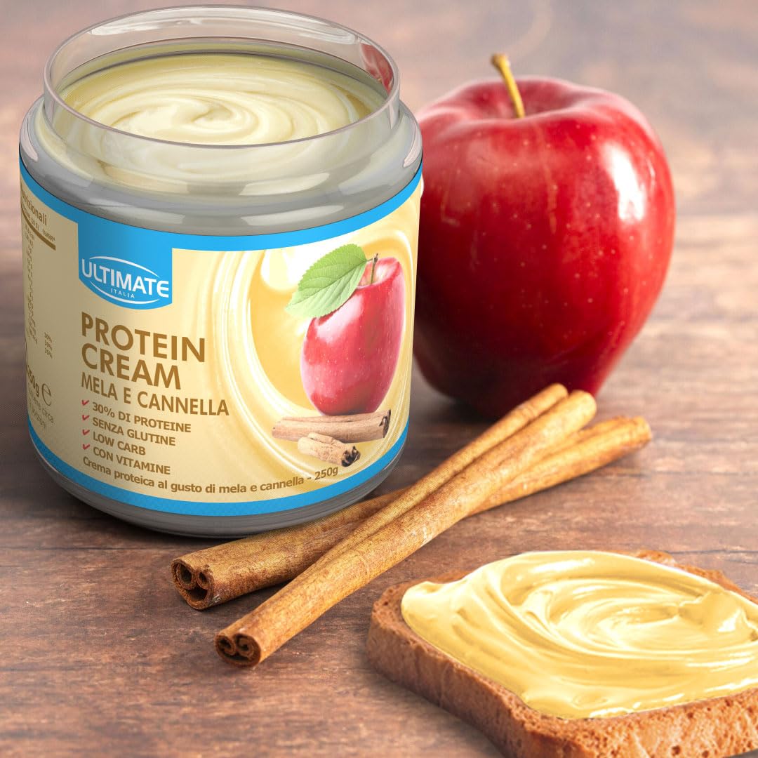 Ultimate Italia - Crema proteica al 30% spalmabile, senza zuccheri - 250g - gusto mela e cannella - poche calorie, senza glutine, con vitamine