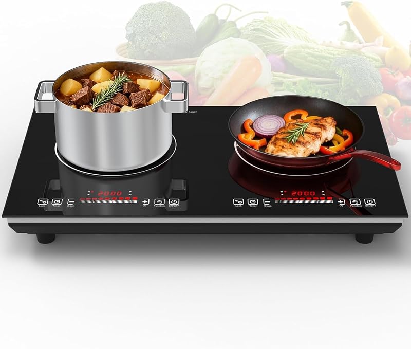 VBGK 2 burner Induction Hob,3600W Electric hob 2 burner with Knob Control,9 Power Levels, Kids Lock & Timer,LED touch control,double induction hob