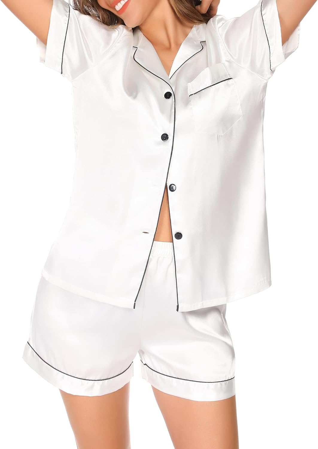 Lovasy Womens Silk Pajamas Set Button Down Satin Sleepwear Short Sleeve Shirt with Shorts 2 Piece Pjs Set Loungewear S-2XL - Image 2