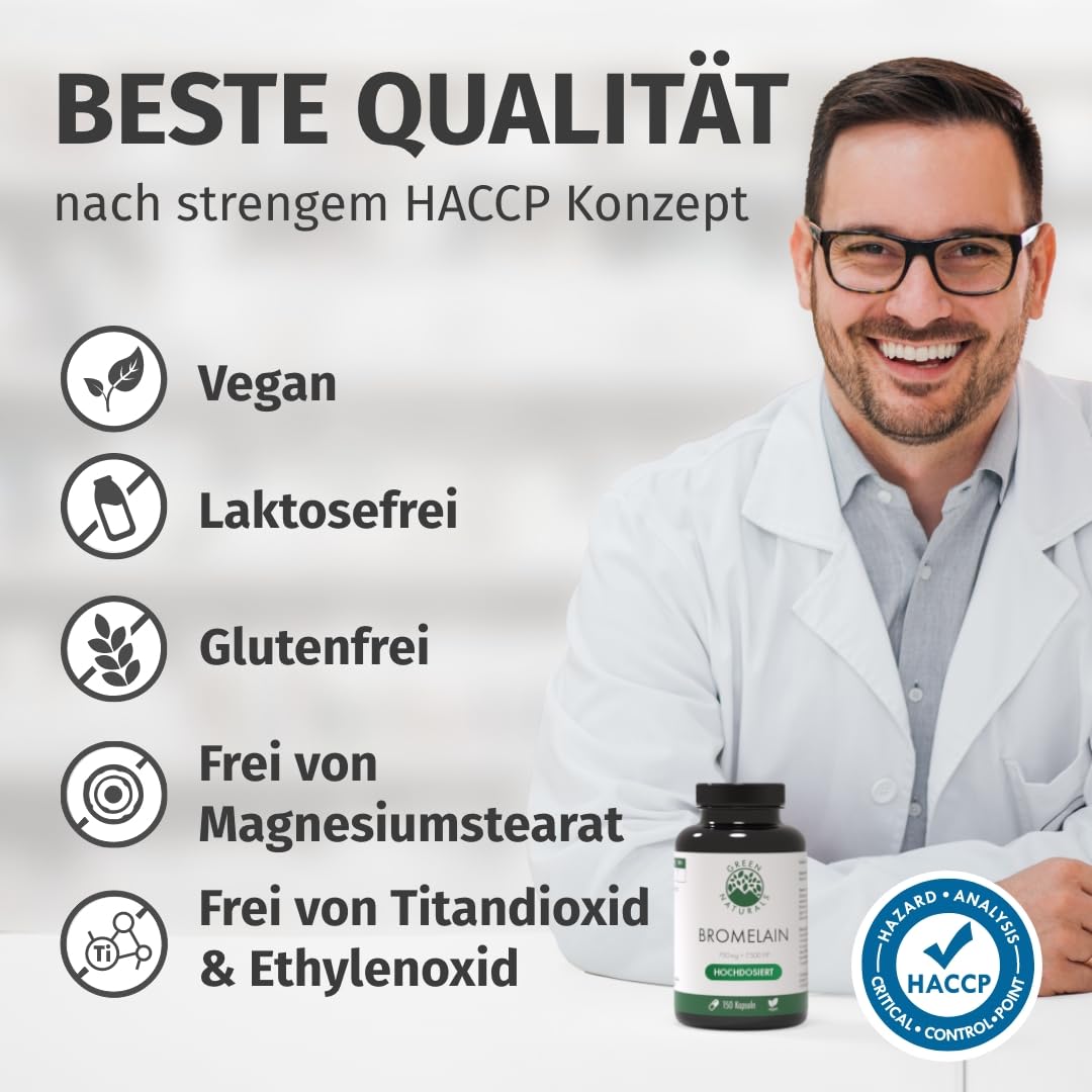 Green Naturals® Bromelain – Hochdosiert: 7.500 F.I.P (750 mg) aus natürlichem Ananas-Extrakt – magensaftresistente Kapseln – Vegan & laborgeprüft – 150 Kapseln (5 Monate)