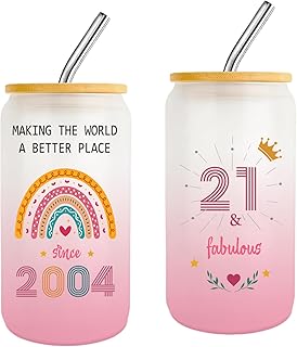 Unique 21st Birthday Gifts for Her 21 Year Old Birthday Gifts for women,Gift for 21 Years Old Female Ideas,Cool 21st Birthdays Glass Cups With Straw and Lid Decorations for Sisters Friends Daughter