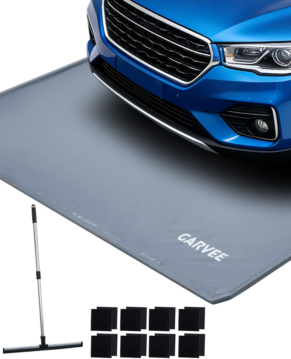 Garage Floor Mat Waterproof Containment Mat with 1.2" Raised Edge, Heavy Duty 1000D PVC Non-Slip Under Car Mat for Snow Rain Mud, Includes Squeegee & 8 Hook-and-Loop Fasteners, 4 Size Options for Wint