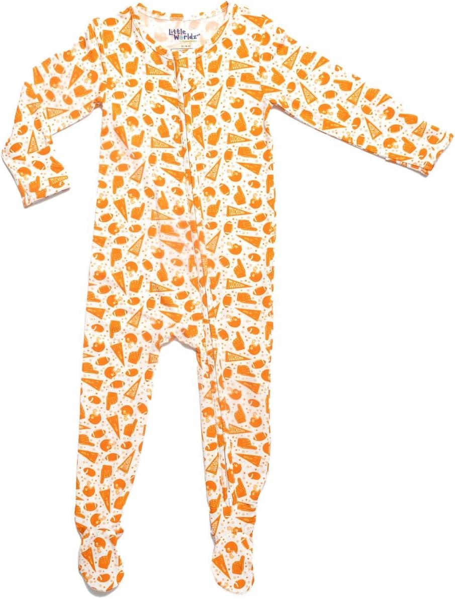 Little Worldz by Strasburg Baby Footies - Zipper Footie Pajamas for Children - One-Piece Bamboo Sleepwear - Unisex Onesie for Infant or Toddler Boys & Girls - Orange Football Print, 0-3 Months