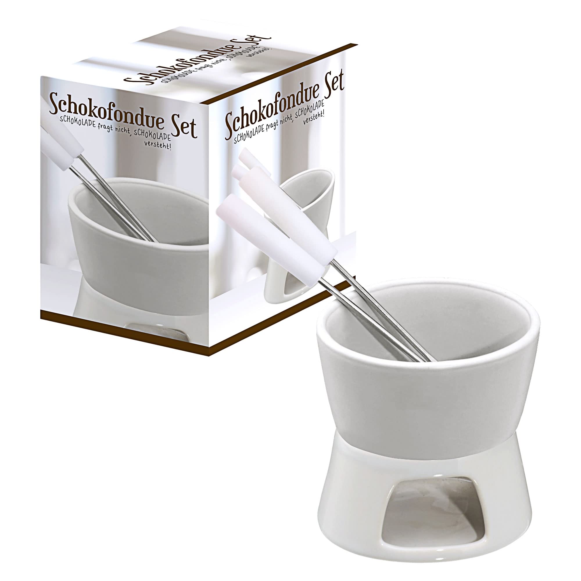Cepewa 1 x ceramiczny zestaw do fondue czekoladowego fondue biały z 2 widelcami ze stali nierdzewnej (1 x zestaw czekoladowego fondue)