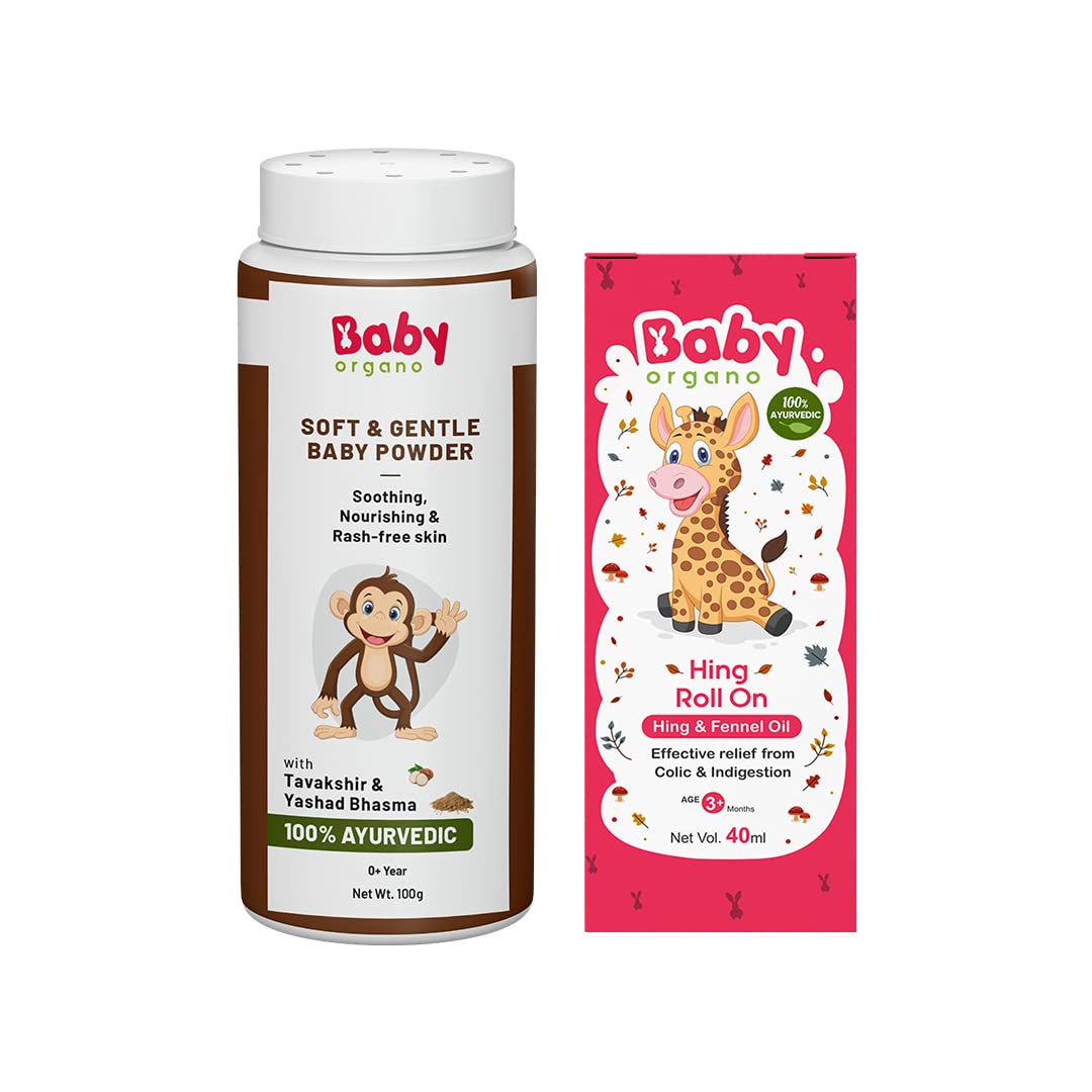 Babyorgano Baby Hing Tummy Roll-On 40ml & Baby Powder 100gm Combo Pack | Natural Care for Newborns