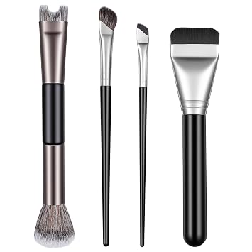 4pcs 2 in 1 Nose Contour Brushes U Shaped Fluffy Makeup Brush Flat Foundation Brush Angled Contouring Brushes Set for Defining Nose Shadow Face Sculpting Highlighting Women Makeup Beginners