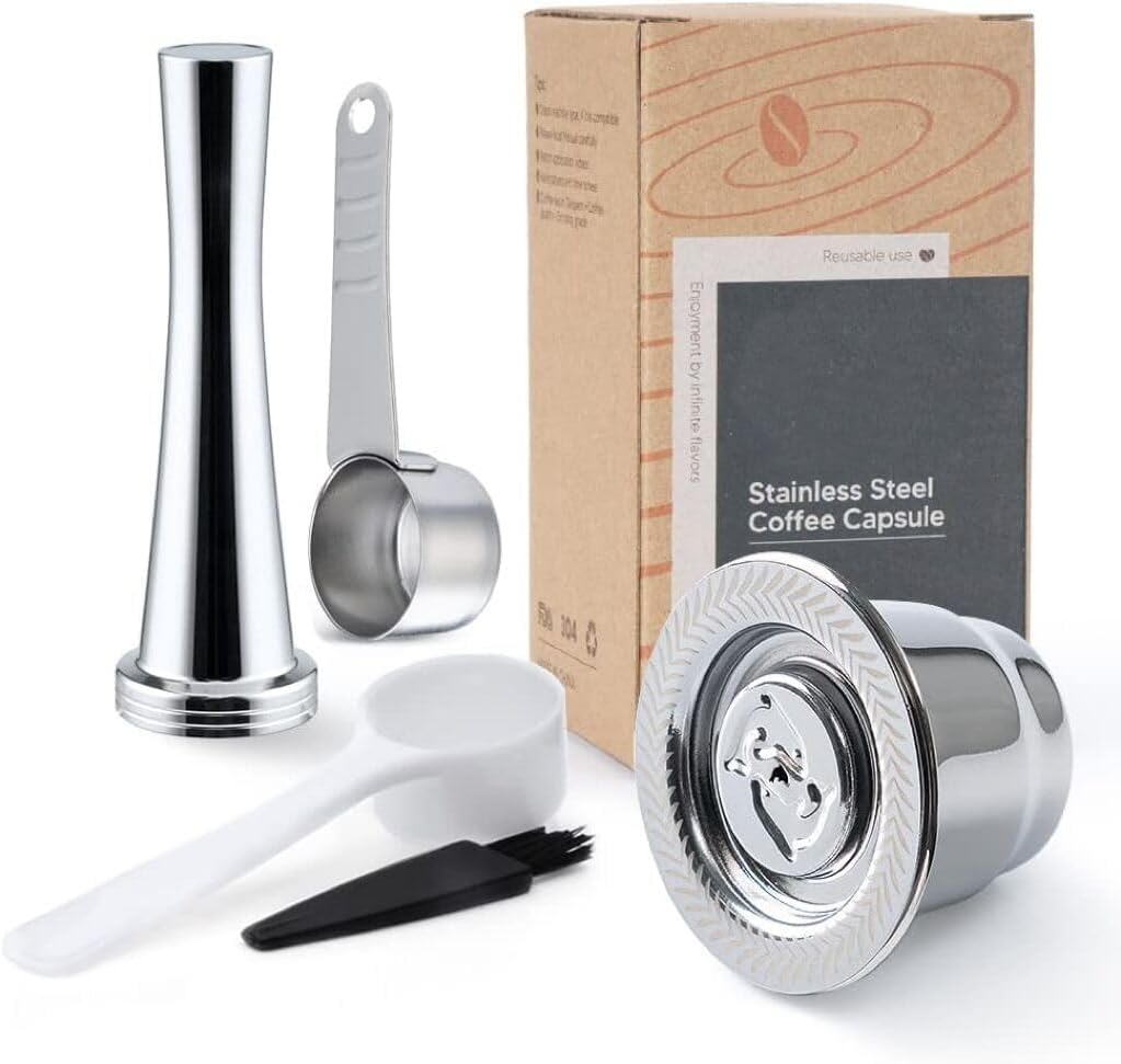 Reusable Coffee Capsules for Ne-spresso Originalines, Stainless Steel Refillable Coffee Pods, Metal Refillable Espresso Capsule(1 Pod+ Tamper+ Stainless Steel Spoon)