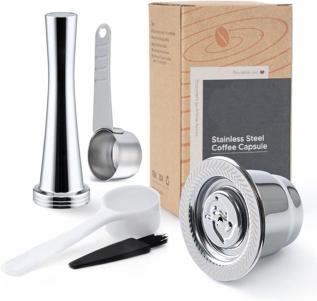 Reusable Coffee Capsules for Ne-spresso Originalines, Stainless Steel Refillable Coffee Pods, Metal Refillable Espresso Capsule(1 Pod+ Tamper+ Stainless Steel Spoon)