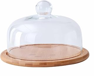 Cake Stand with Dome Lid, Wood Cake Plate with Clear Glass cover, Cake tray for Cakes, Pastries, Cheese Boards - Flat Cake Display Stand for Birthday, Wedding, Party, Café (Flat)