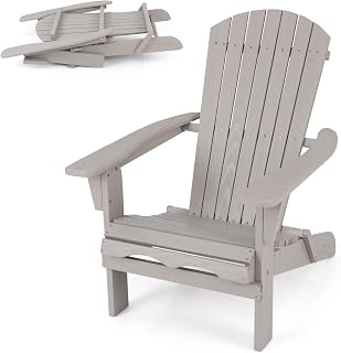 KOMFOTTEU Silla Adirondack Plegable, Silla de Jardín de Madera de Abeto, Silla Tumbona con Respaldo Alto y Reposabrazos, Sillón de Exterior Carga 180 kg para Patio, Terraza, Balcón (Gris x 1)