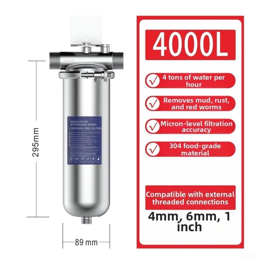 Filtro purificador de agua de alta capacidad de 4000 L, prefiltro de acero inoxidable para fontanería de toda la casa, elimina sedimentos e impurezas, plata (rosca exterior de 1 pulgada)