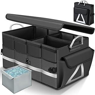 Car Trunk Organizer, Car Storage Organizer with Waterproof Bag Collapsible Multi Compartment Organizer for Car, Suv, Sedan, Truck, Non Slip Bottom, Aluminium Handle (Black)