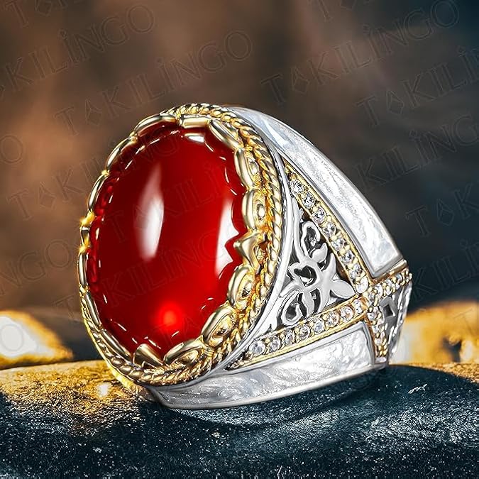 Genuine Solid 925 Sterling Silver White Enemal Red Agate (Aqeeq) Stone Men's Ring