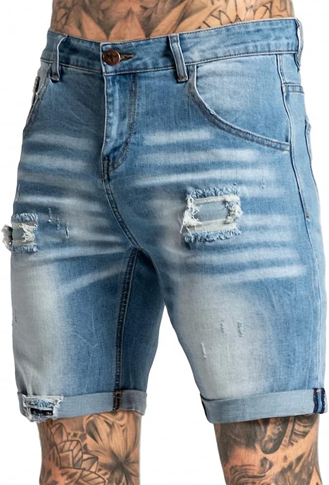 LDNINE Men's Beach Fashion Half Ripped Short Jeans Hole Distressed Casual Denim Shorts