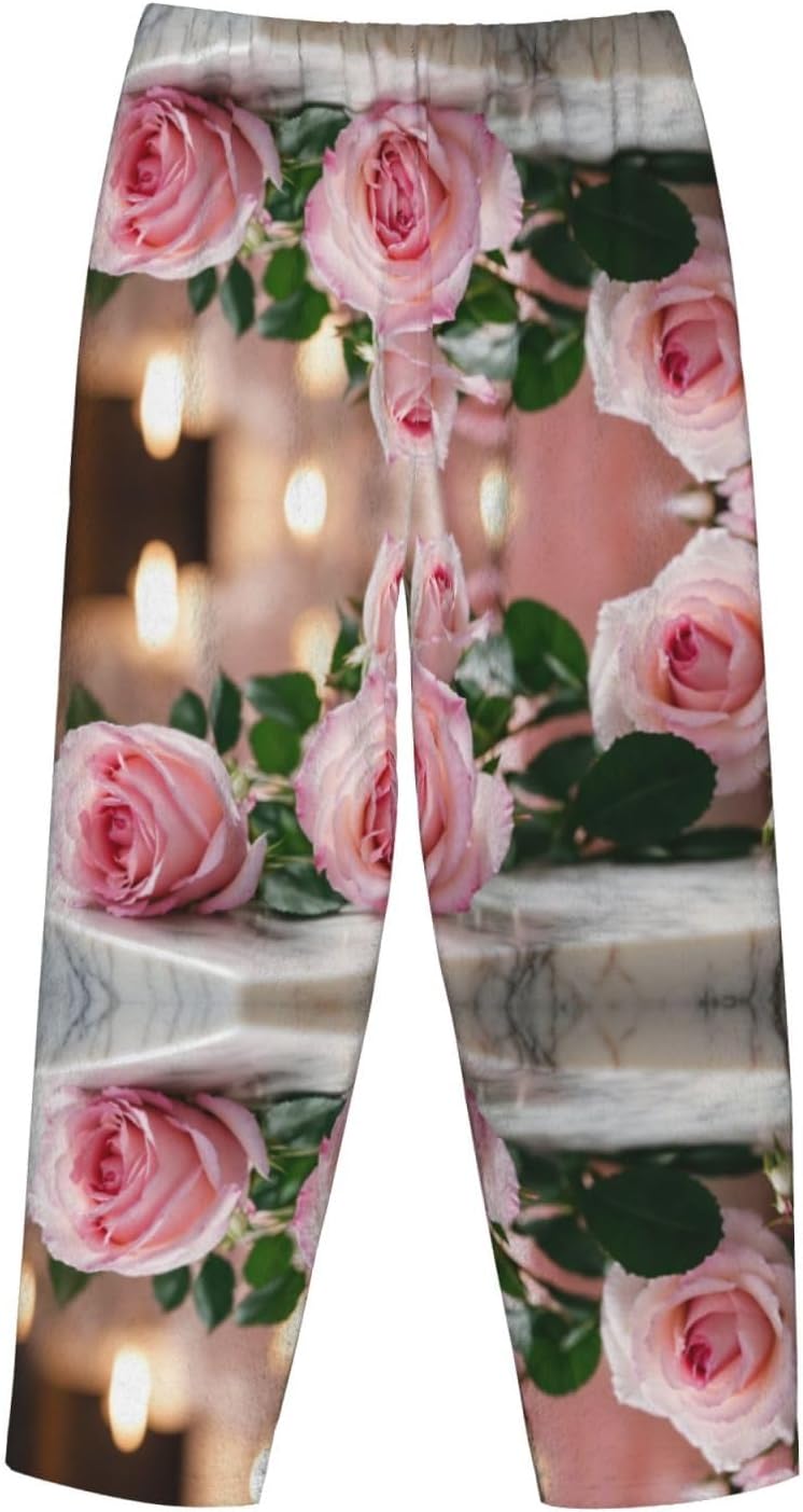 Red Rose Print Cozy Flannel Pajama Pants For Women,Warm Christmas Pj Pants,Cute Fleece Pajamas