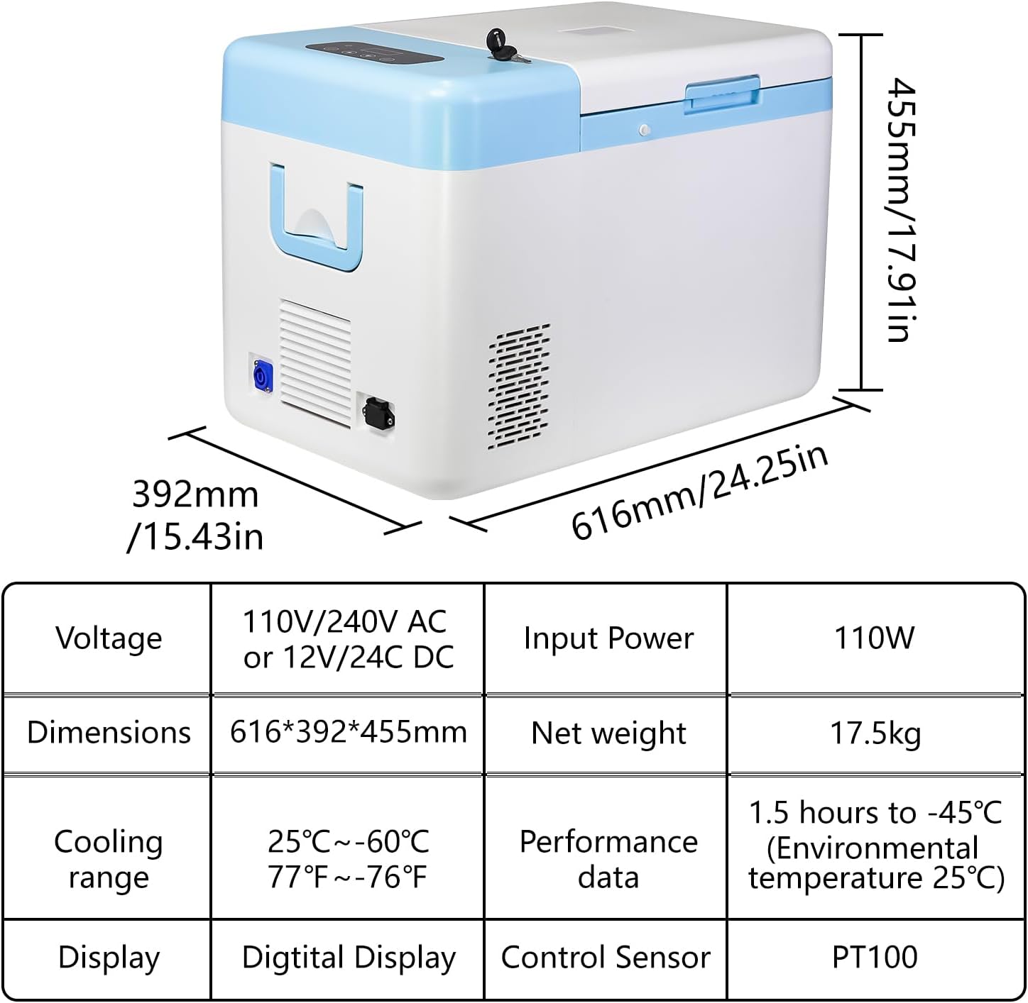 25L Ultra-Low Temperature Protable -86℃/112 °F Lab Cryogenic Freezer Samples Flash Freezer for Laboratory Samples Storage,12V ~240V AC Compatible, Adjustable Voltage