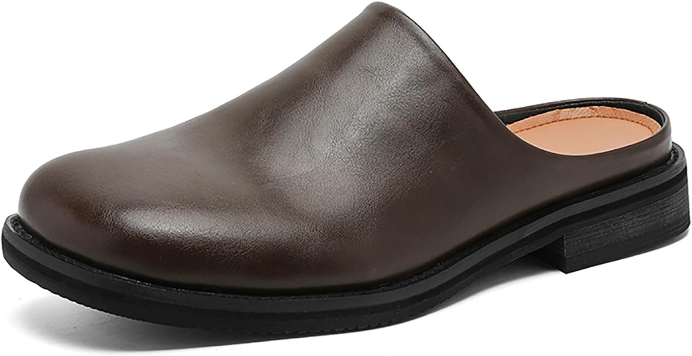 Men's Leather Mules Slippers Round Toe Low Heel Slip-On Loafers Comfortable Breathable Backless Soft Sole Casual Shoes