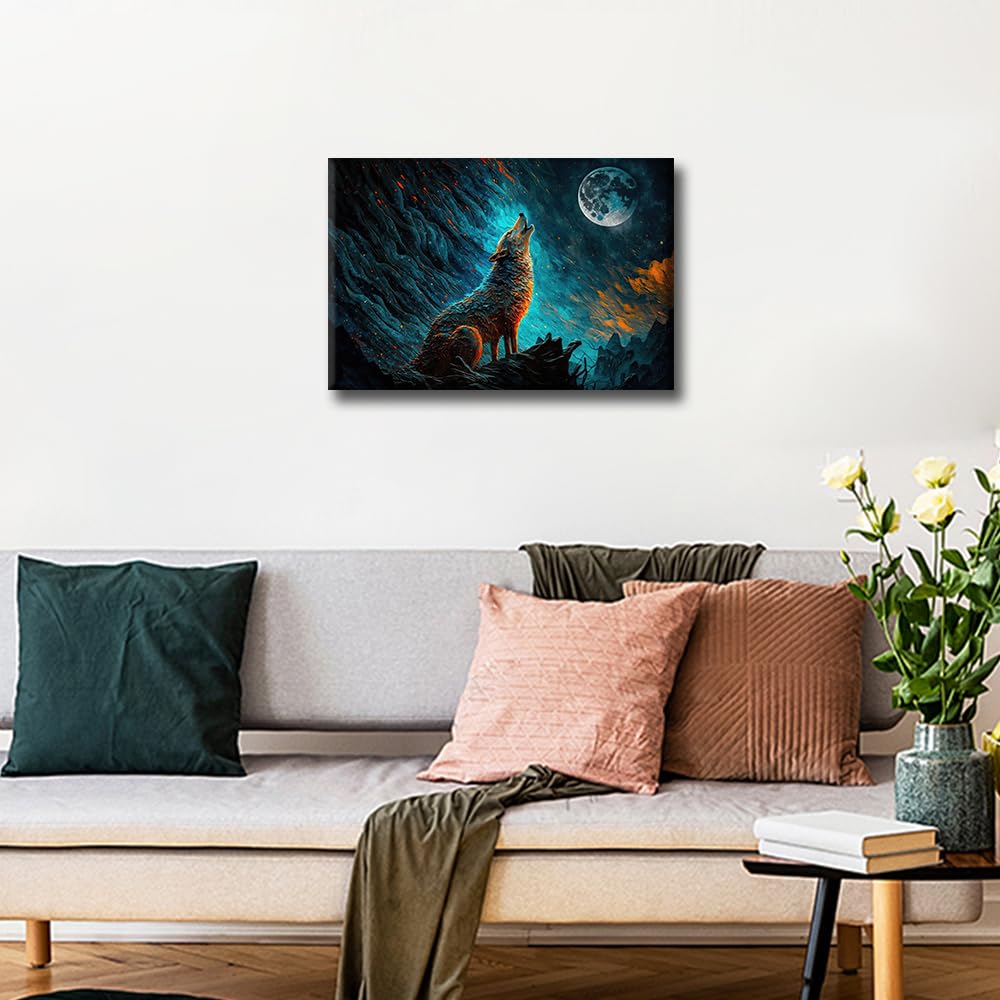 Wolf Wall Art Wolf Howling at Night Prints on Canvas Contemporary Wild Animal Oil Painting Wall Paintings Wall Decoration for Living Room Bedroom Framed 18"x12" - Image 3